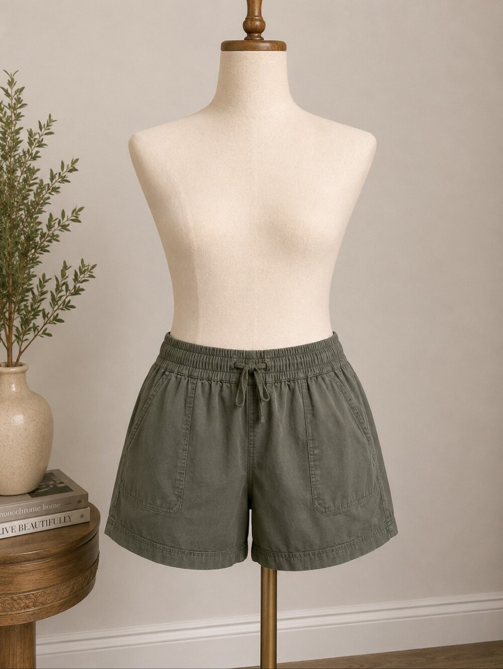 Women's Olive Drawstring Utility Shorts 100% Cotton